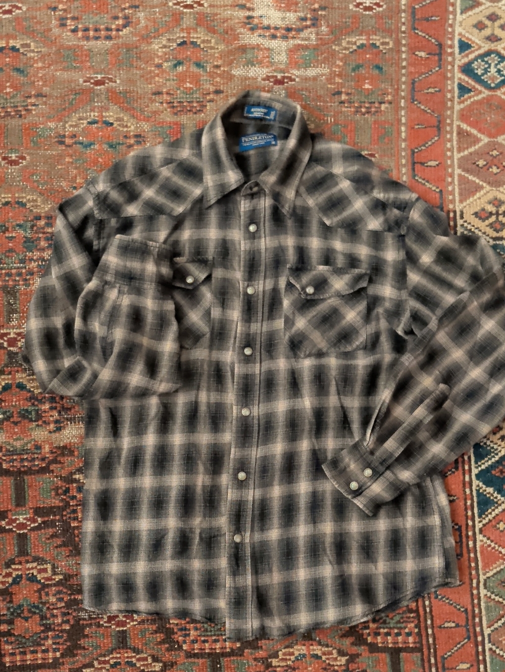 Pendleton Black and Cream Plaid Wool Shirt with Blue Label